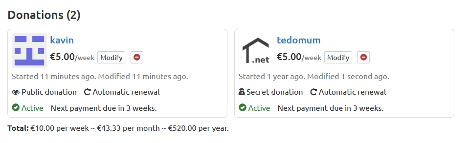 Screenshot of the LiberaPay dashboard saying donating to two people: Kavin and TeDomum.