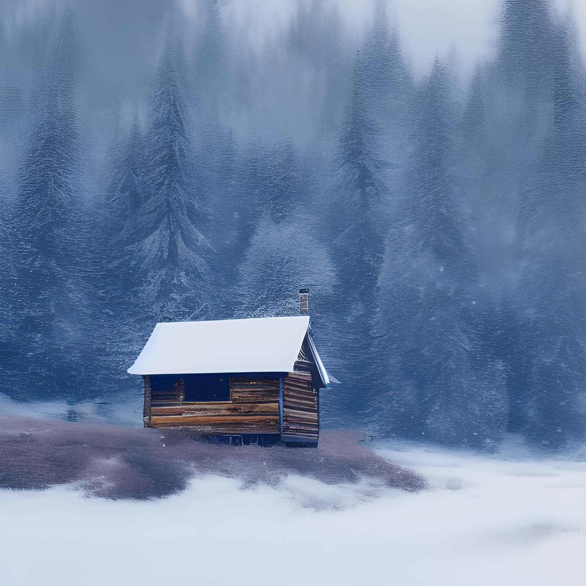 Image of a small house within a forest with snow all around.
